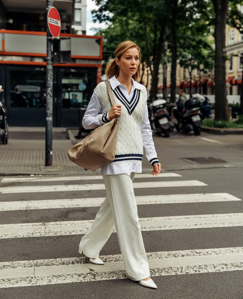 old money outfits for women 2026 – Cable Vest and Wide-Leg Cream Trousers