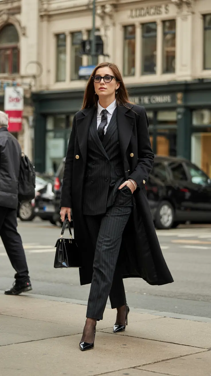 old money outfits for women 2026 – Black Pinstripe Suit and Long Coat Authority