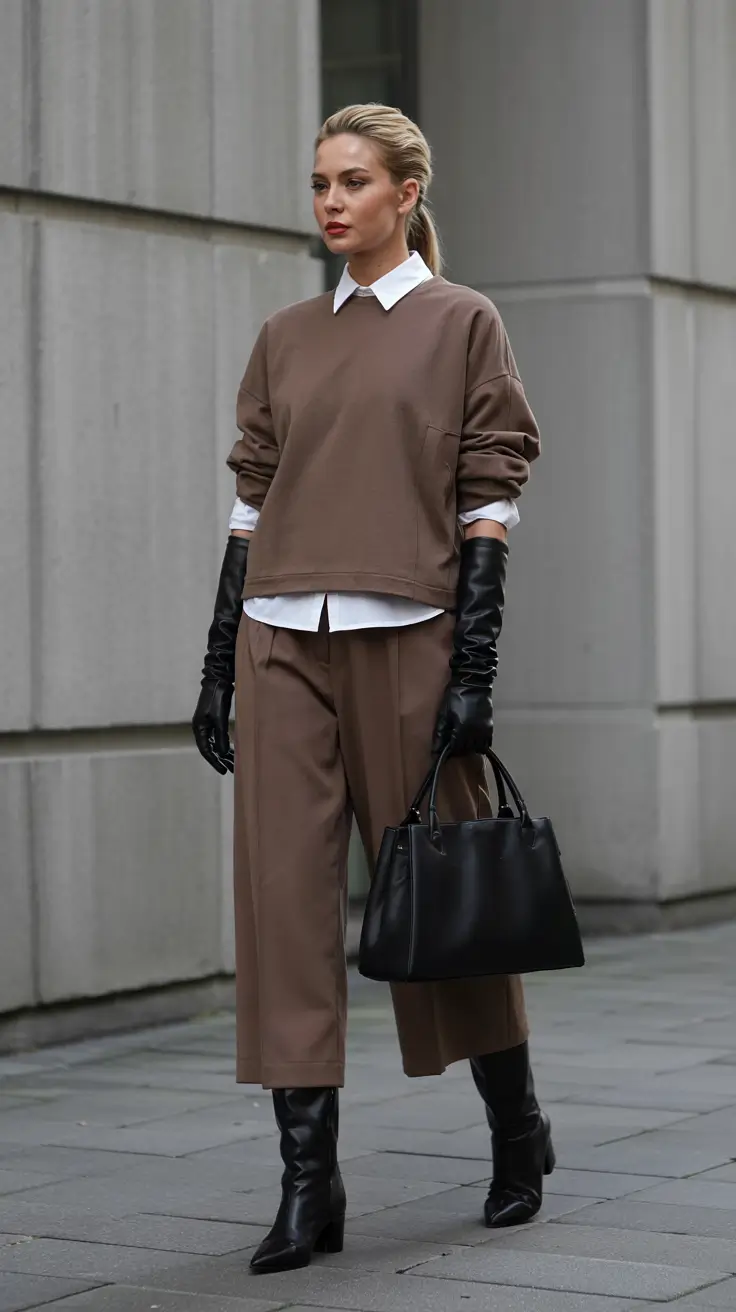 old money outfits for women 2026 – Relaxed Layers with Sharp Boots and Gloves