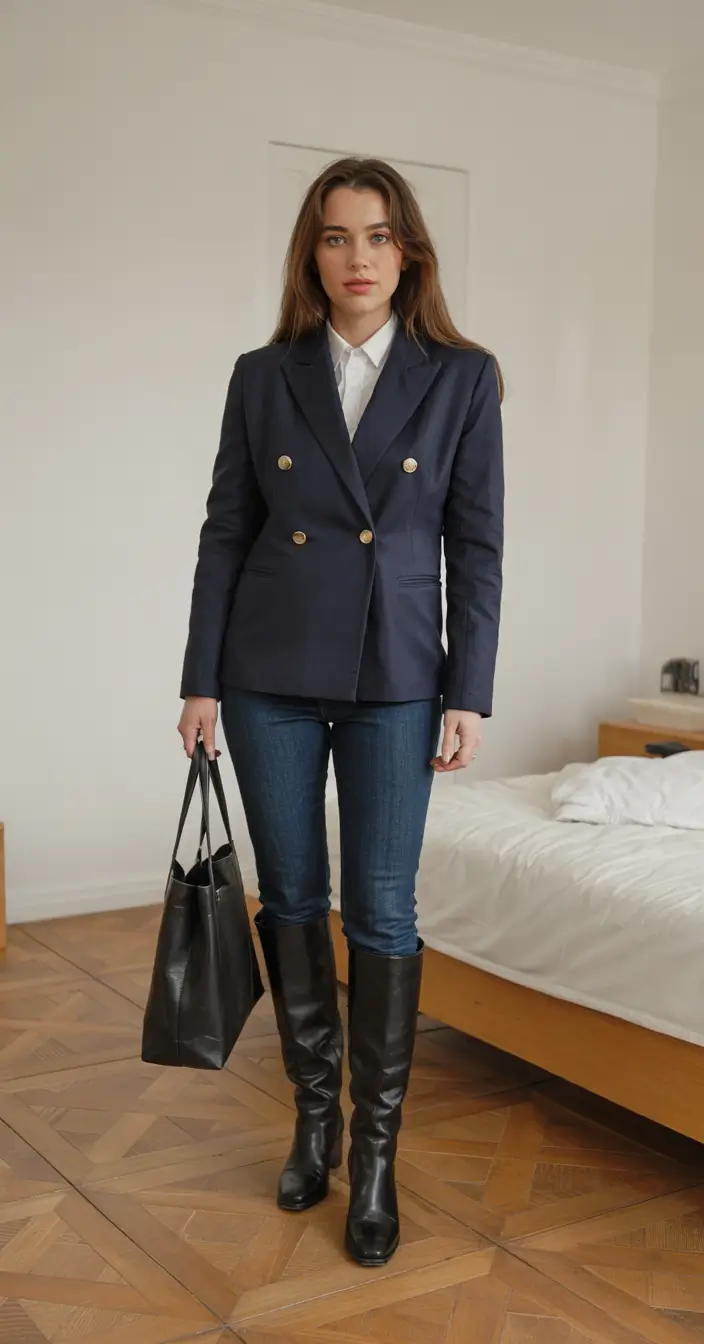 old money outfits for women 2026 – Navy Blazer and Jeans for Everyday Old Money