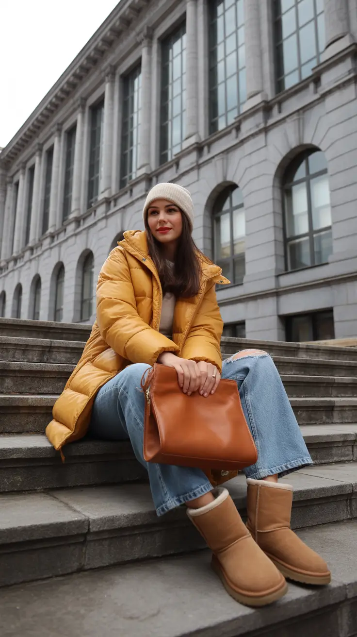 Outfits with Ugg boots 2026 – Warm mustard puffers and easy denim for city days