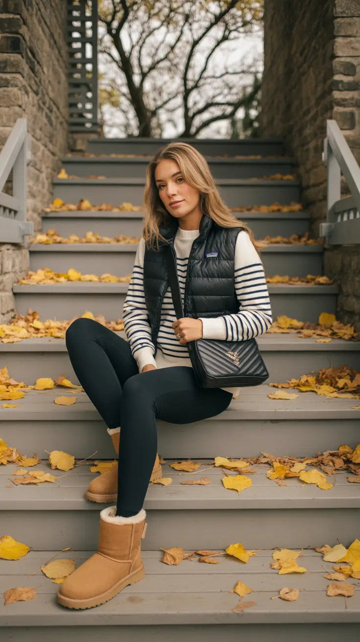 Outfits with Ugg boots 2026 – Striped basics and puffed layers for crisp fall days