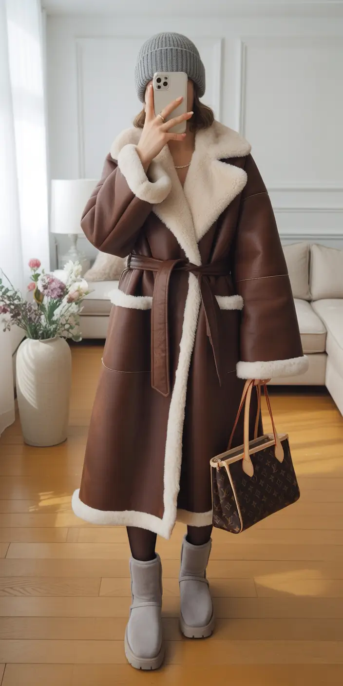 Outfits with Ugg boots 2026 – Chocolate shearling coat with cool grey Uggs