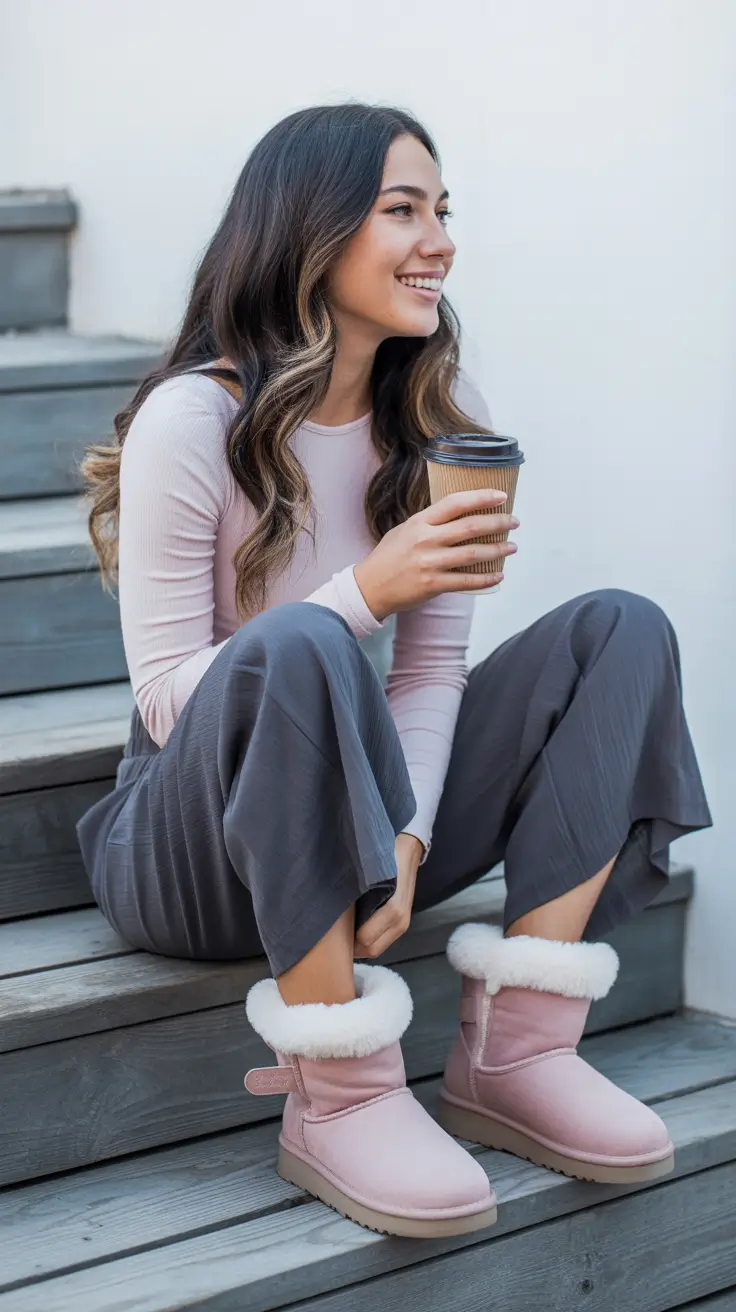 Outfits with Ugg boots 2026 – Soft pink boots and drapey pants for coffee breaks