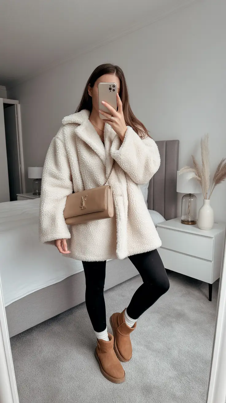 Outfits with Ugg boots 2026 – Teddy coat and leggings with ultra mini style Uggs