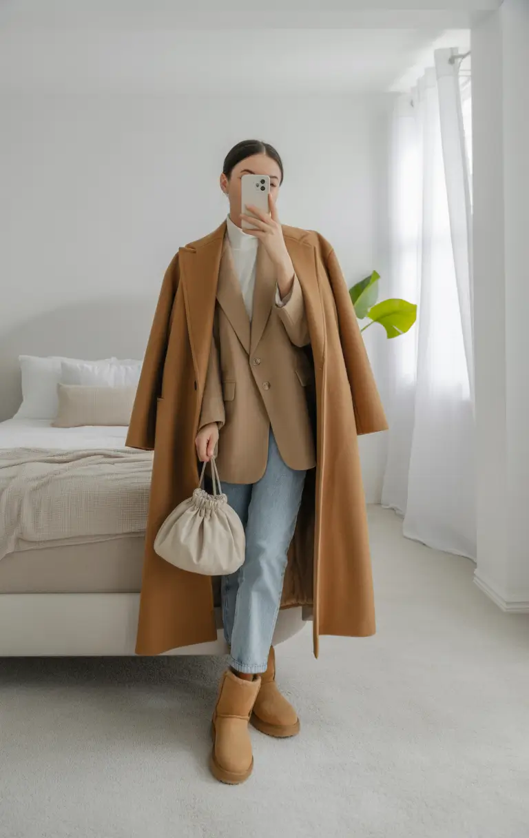 Outfits with Ugg boots 2026 – Tailored camel layers with jeans and classic Uggs