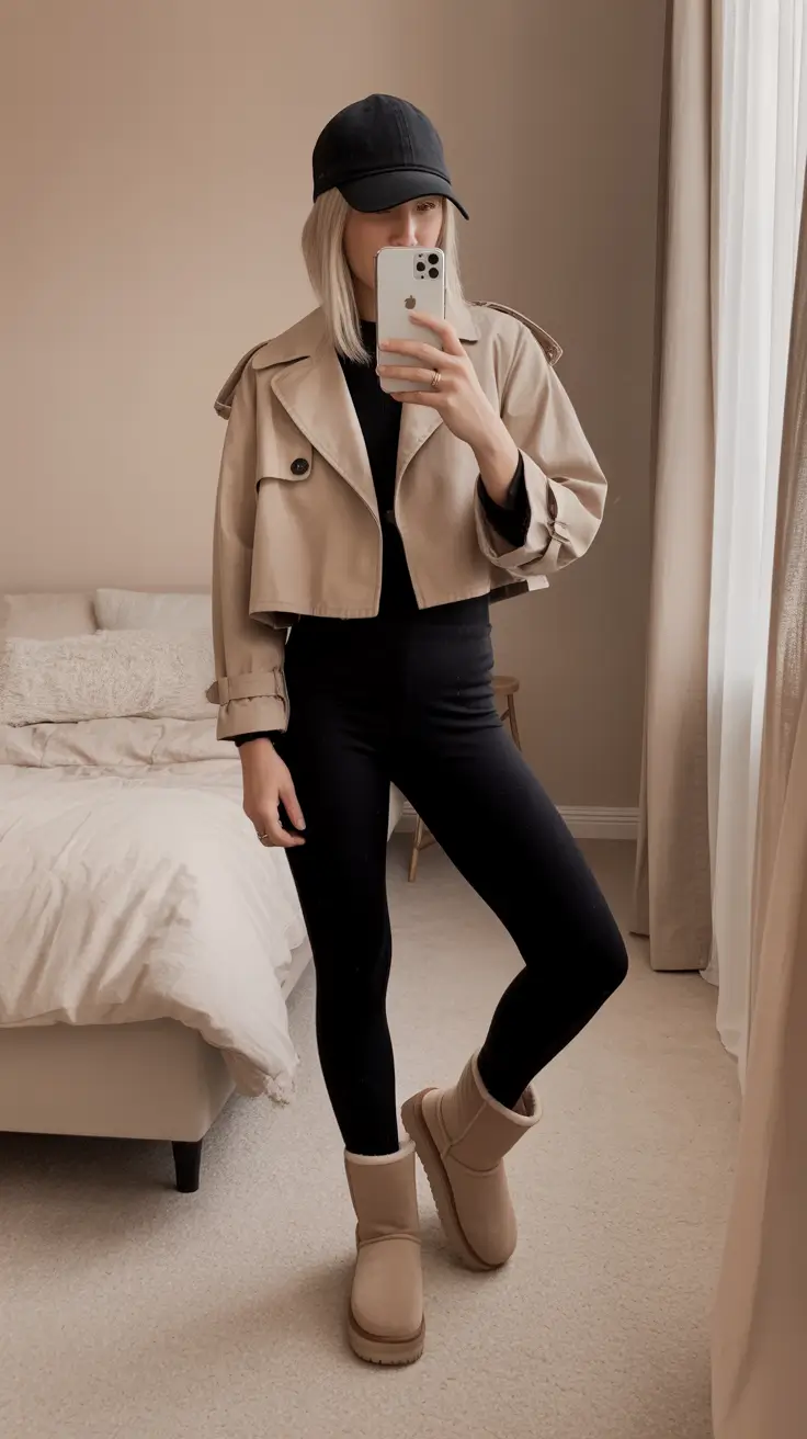 Outfits with Ugg boots 2026 – Sporty trench, black base, and beige classic boots