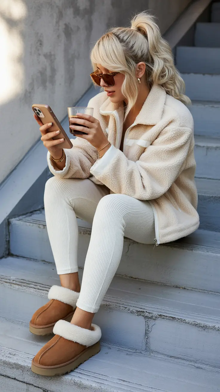 Outfits with Ugg boots 2026 – Creamy fleece and platform clogs for off duty ease