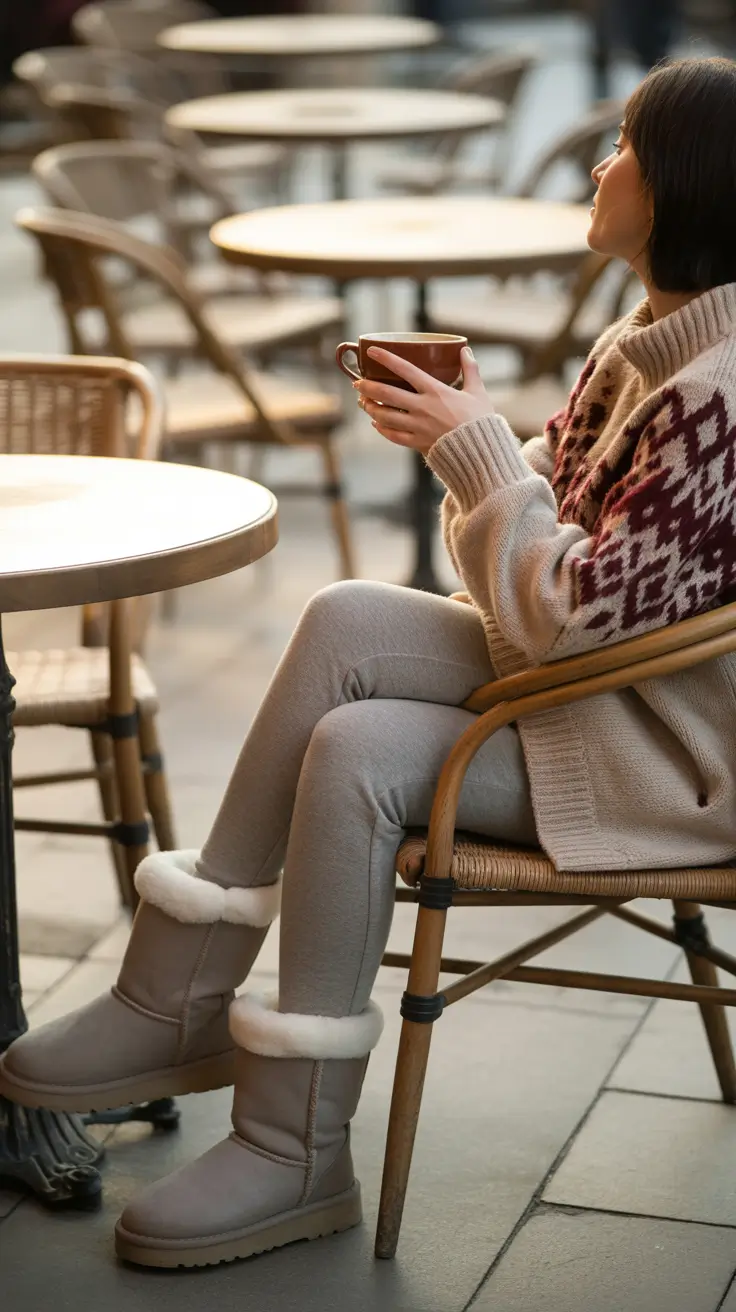 Outfits with Ugg boots 2026 – Fair isle knits and tall grey Ugg botas for café moments