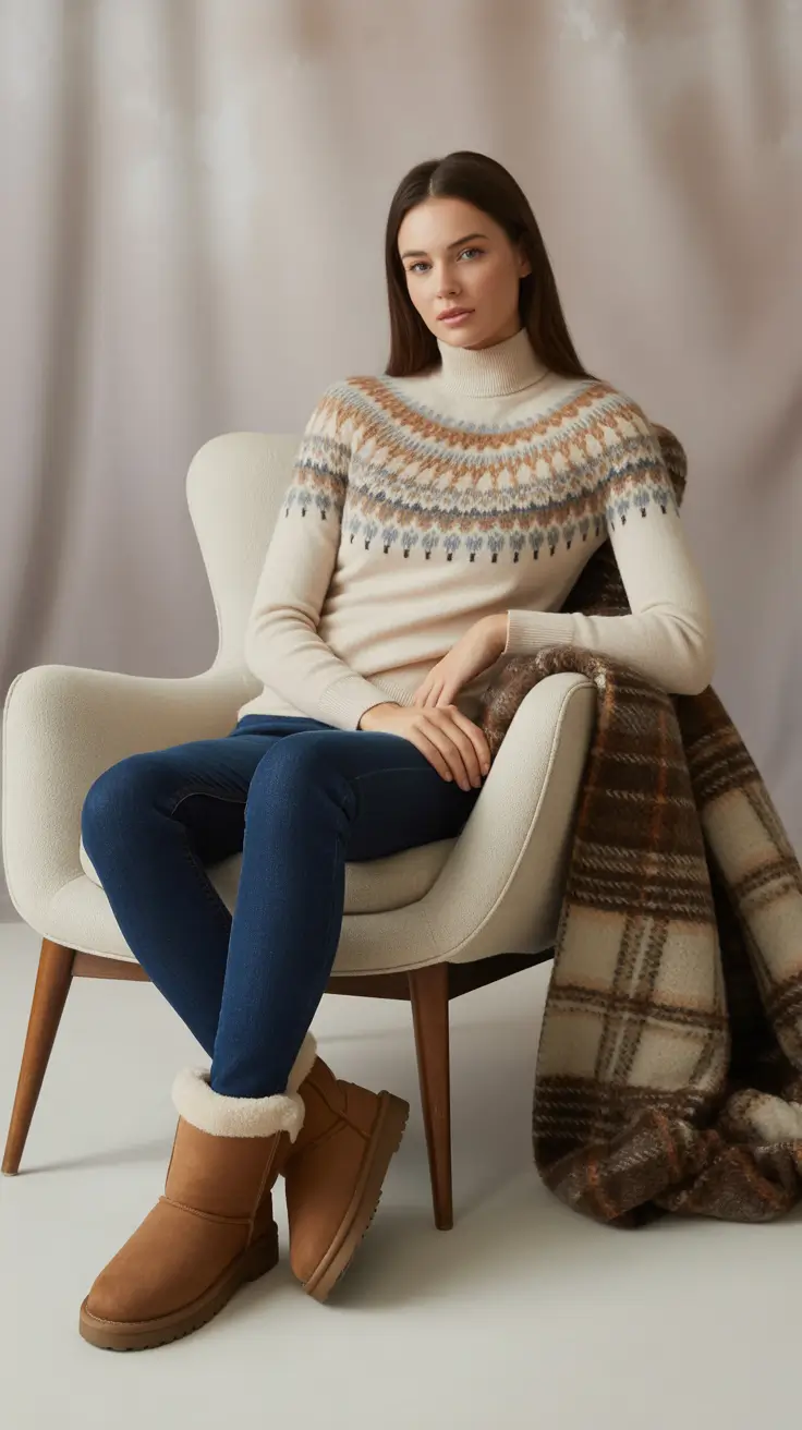 Outfits with Ugg boots 2026 – Fair isle sweater, skinny denim and classic chestnut boots