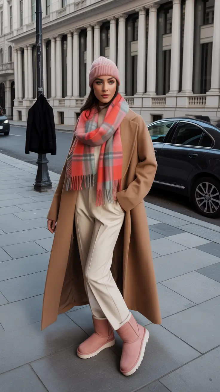 Outfits with Ugg boots 2026 – Soft camel coat and pink Uggs with a tailored twist
