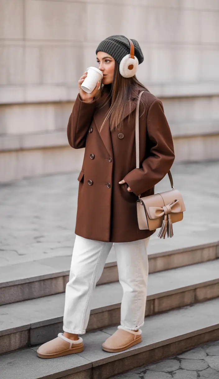 Outfits with Ugg boots 2026 – Boxy brown coat, white denim and low sand Uggs