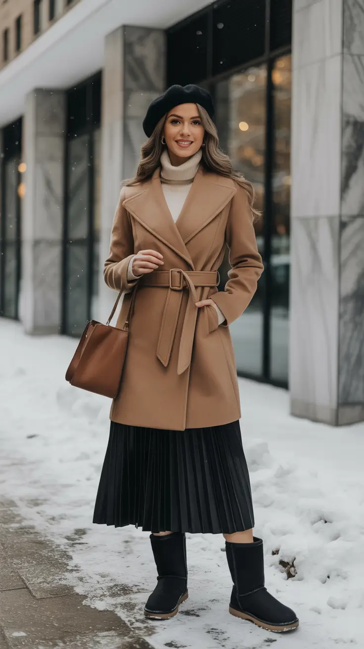 Outfits with Ugg boots 2026 – Camel wrap coat, pleated skirt and tall black Uggs
