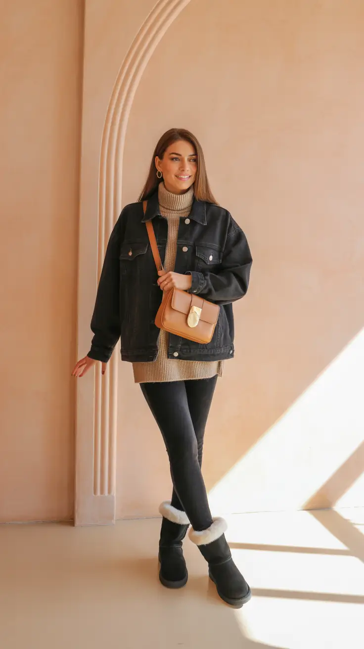 Outfits with Ugg boots 2026 – Classic denim jacket energy with dark Uggs and leggings