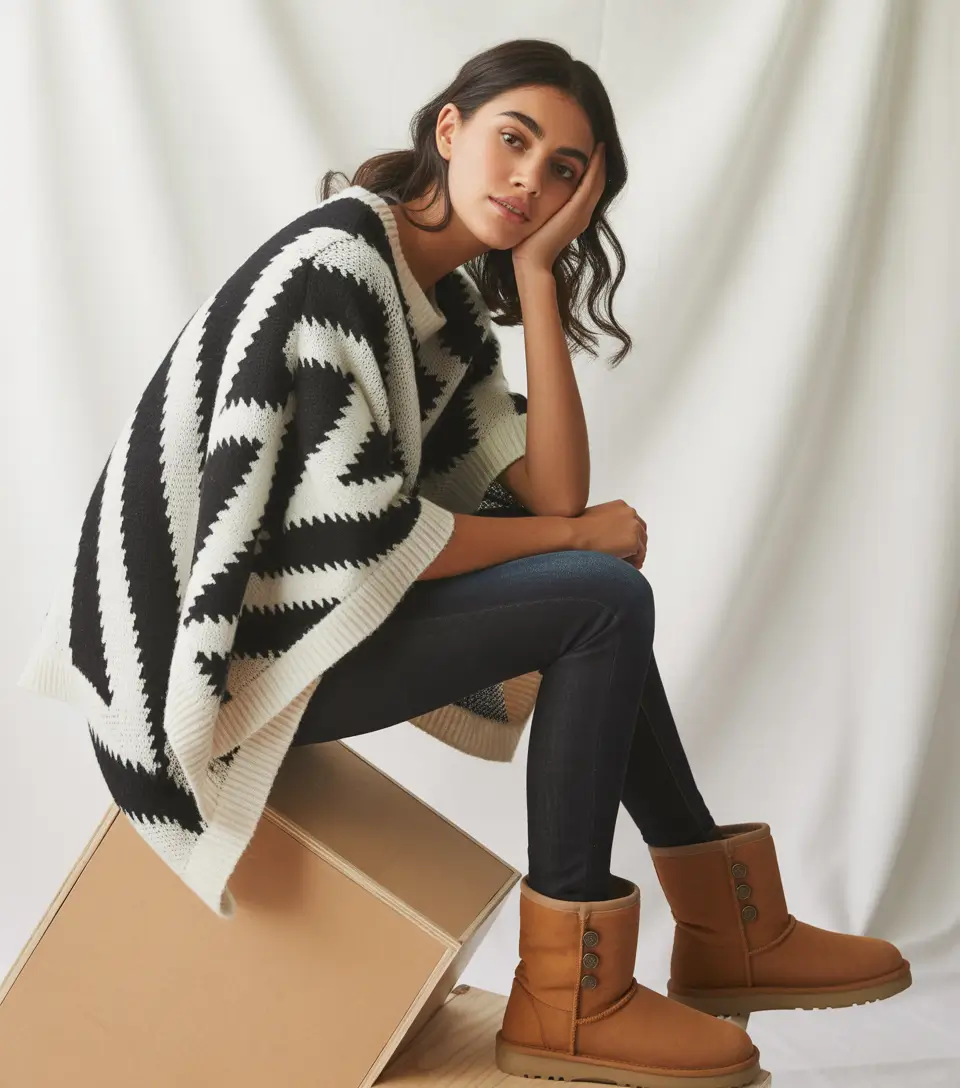 Outfits with Ugg boots 2026 – Graphic knit poncho with slim denim and buttoned Uggs