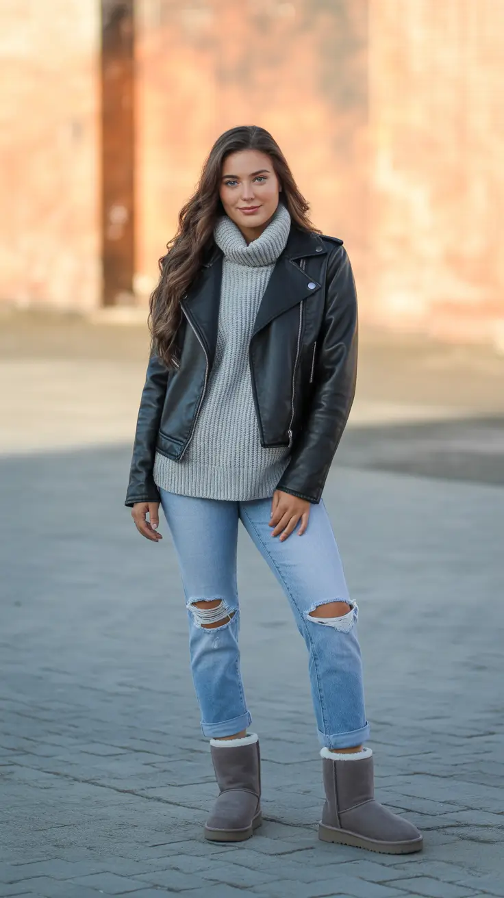 Outfits with Ugg boots 2026 – Leather biker jacket with grey Uggs and ripped denim