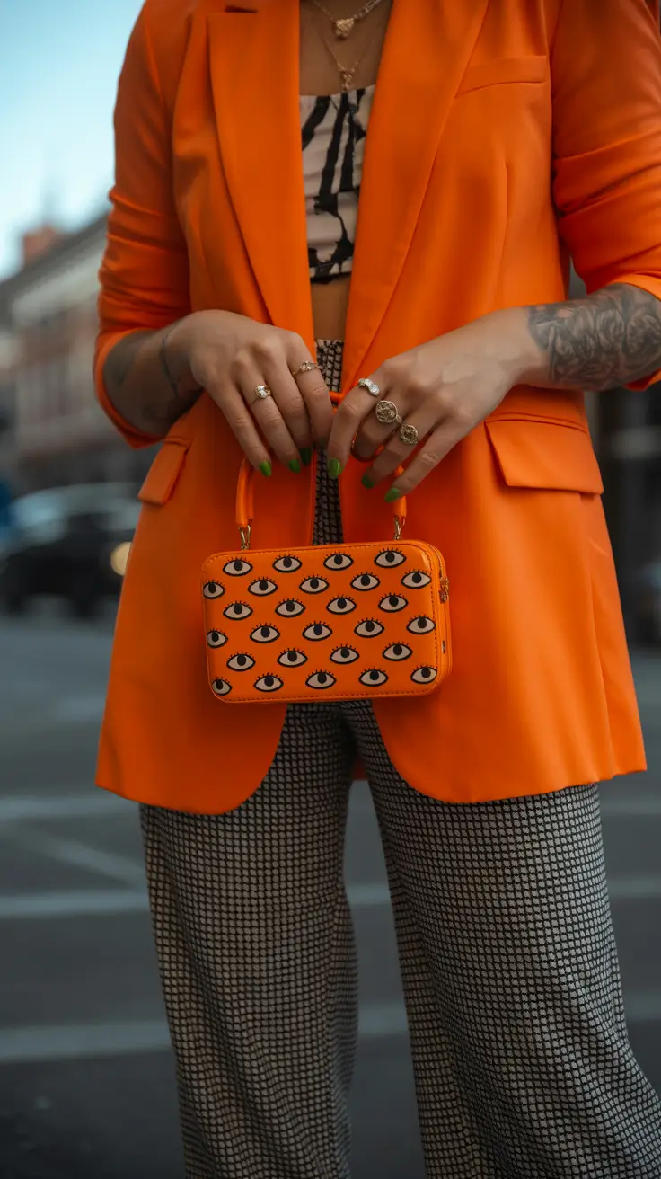 rave outfits ideas for women 2026 Orange Blazer And Printed Pants Street Rave Look