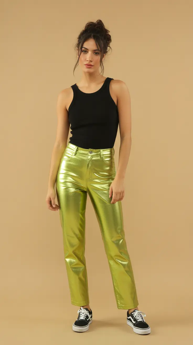 rave outfits ideas for women 2026 Lime Metallic Pants For Easygoing Ravers