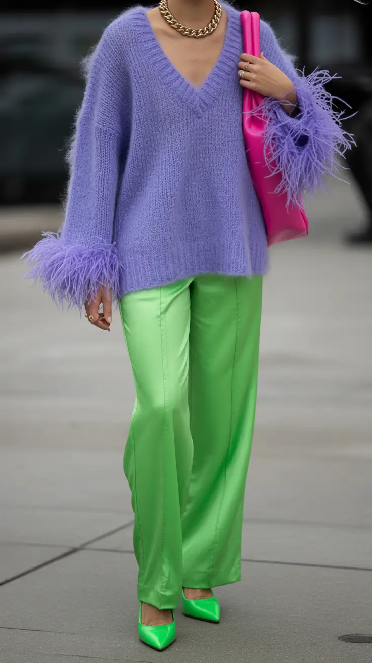 rave outfits ideas for women 2026 Lavender Feathers And Lime Neon Pants