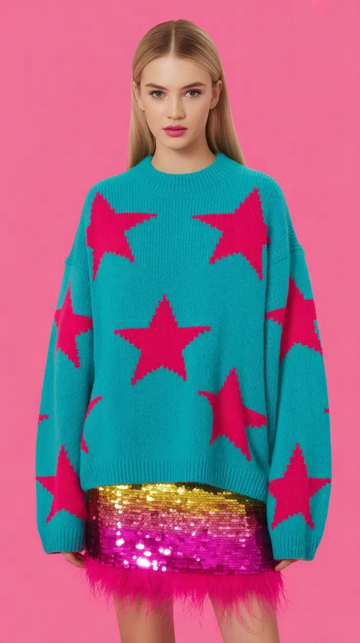 rave outfits ideas for women 2026 Starry Sweater And Sequin Mini Rave Glam