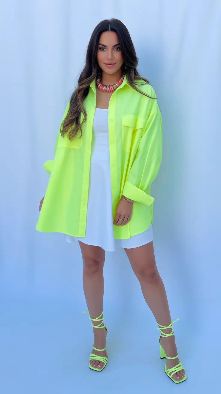rave outfits ideas for women 2026 Neon Shirt Dress Summer Festival Look