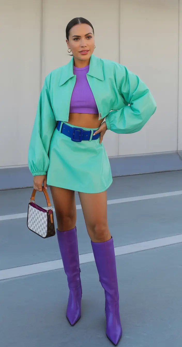 rave outfits ideas for women 2026 Mint Mini Skirt Set With Purple Boots