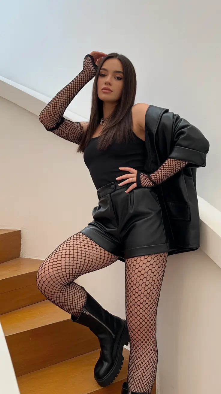 rave outfits ideas for women 2026 All Black Fishnet Rave Leather Set