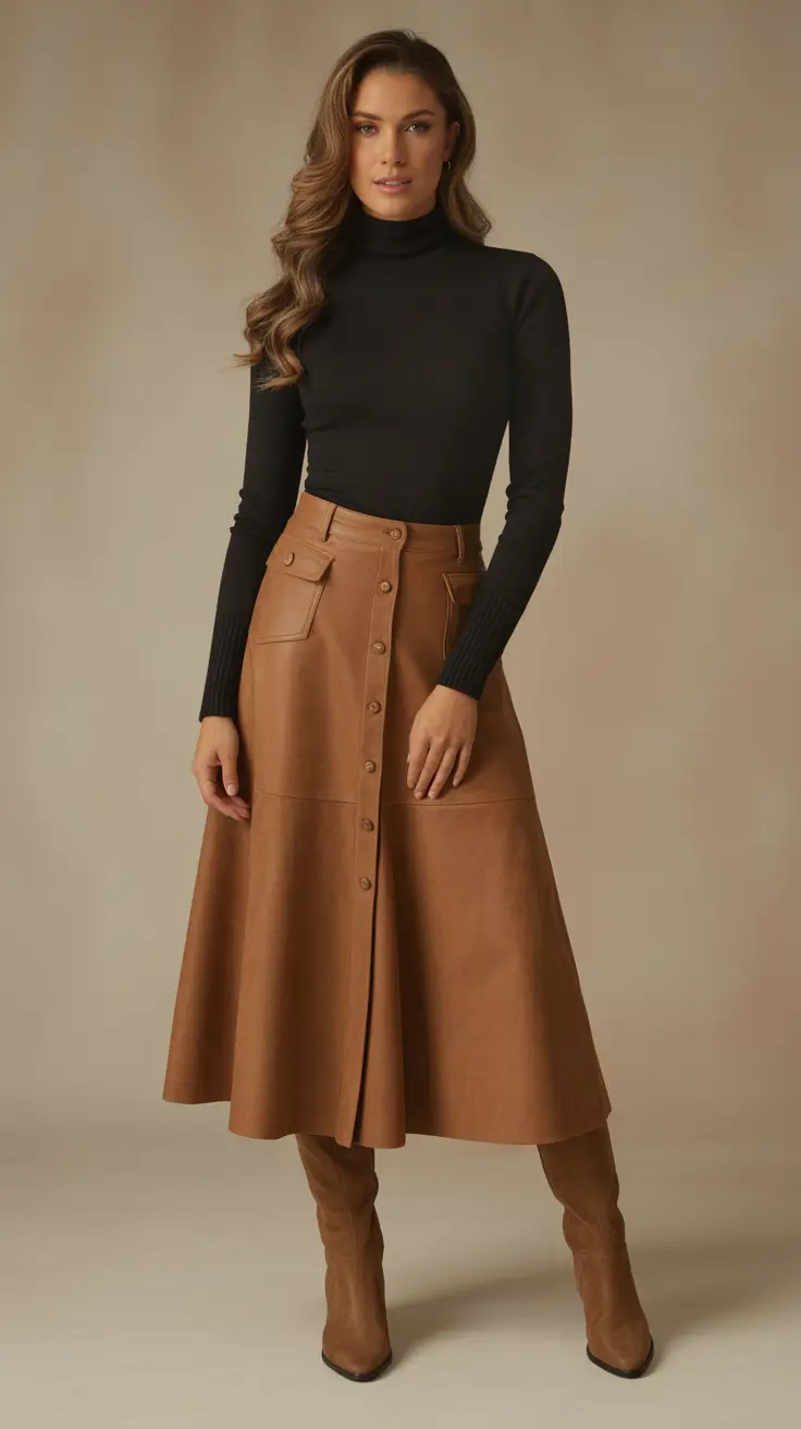 Caramel Structure skirt outfits for women 2026