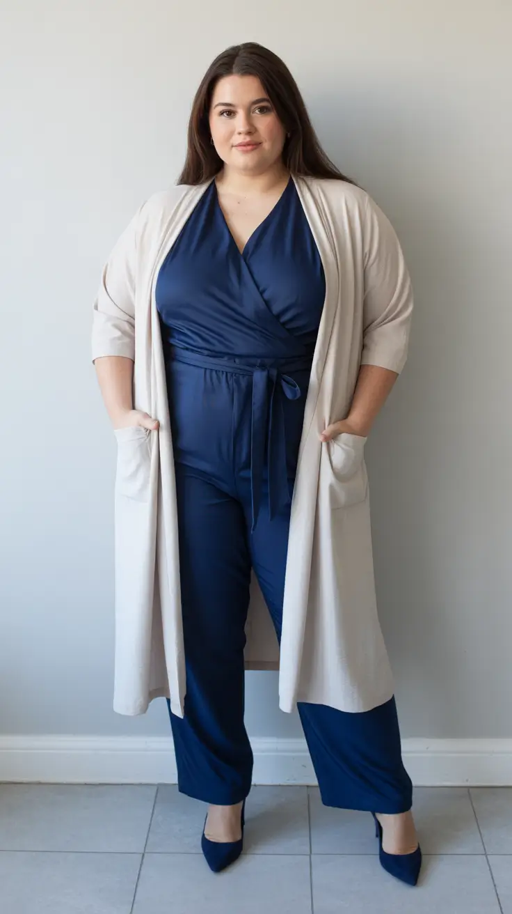 Stylish curvy outfits inspo 2026 Navy Jumpsuit and Duster for Effortless Office Days
