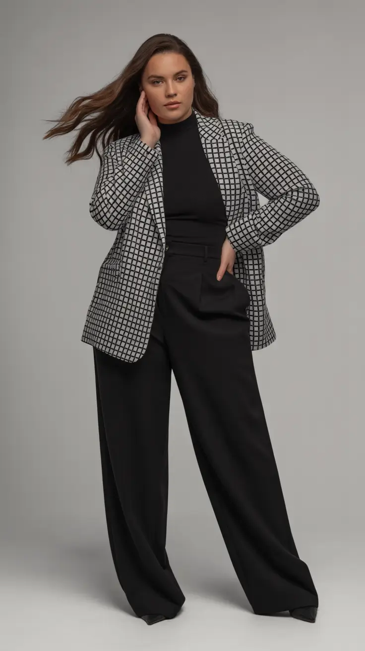 Stylish curvy outfits inspo 2026 Check Blazer and Black Trousers Power Suit 2.0