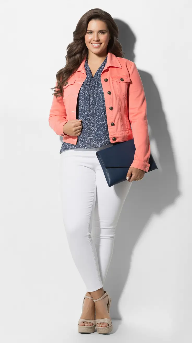 Stylish curvy outfits inspo 2026 Coral Jacket and White Denim Weekend Brights