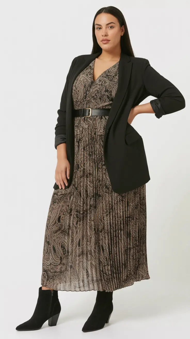 Stylish curvy outfits inspo 2026 Paisley Pleats and Blazer for Autumn Desk to Dinner