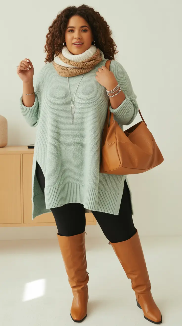 Stylish curvy outfits inspo 2026 Mint Knit and Camel Boots for Cozy Fall Errands