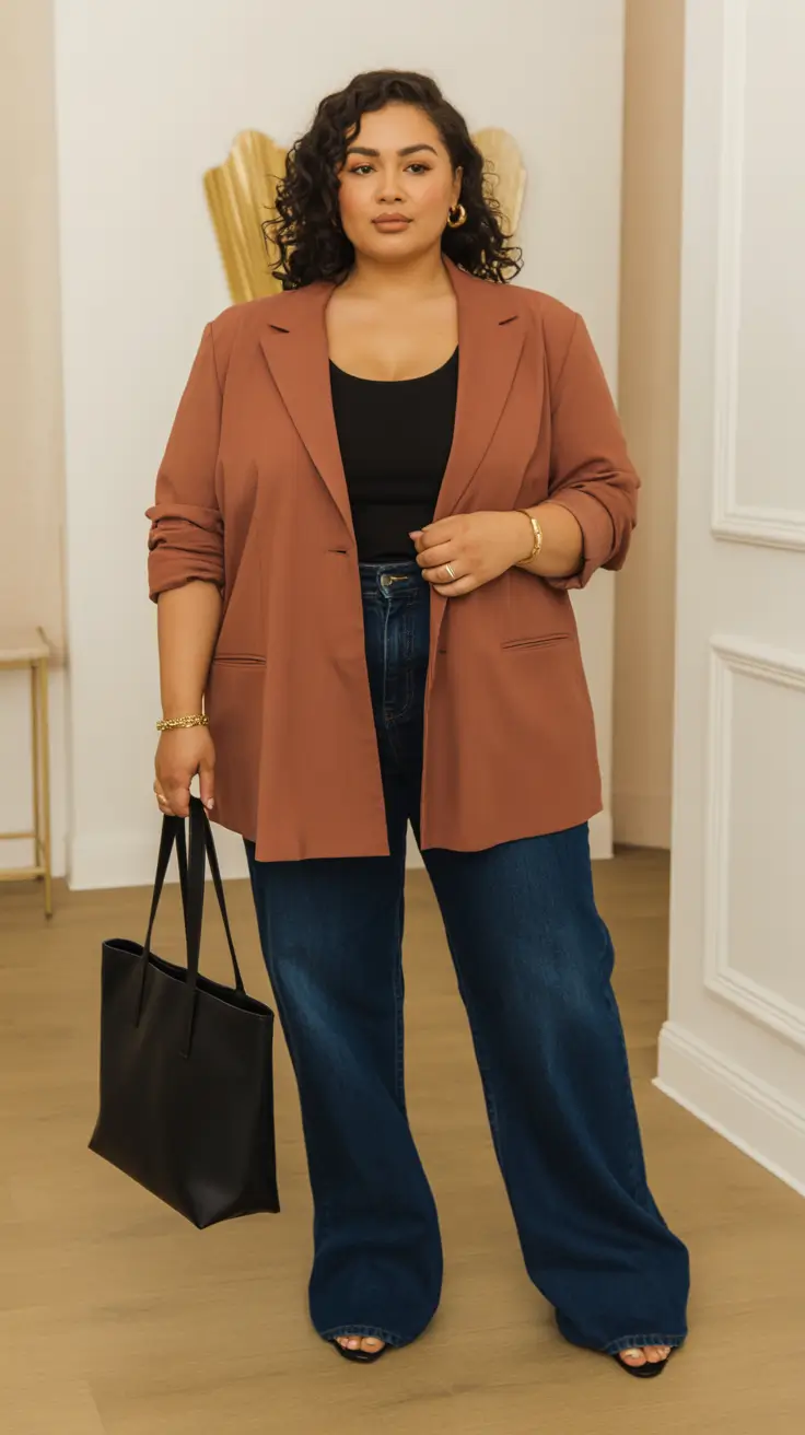 Stylish curvy outfits inspo 2026 Rust Blazer and Dark Denim Smart Casual Uniform