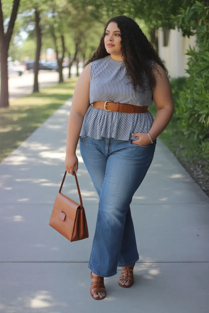 Stylish curvy outfits inspo 2026 Striped Peplum and Denim for Easy Summer Days