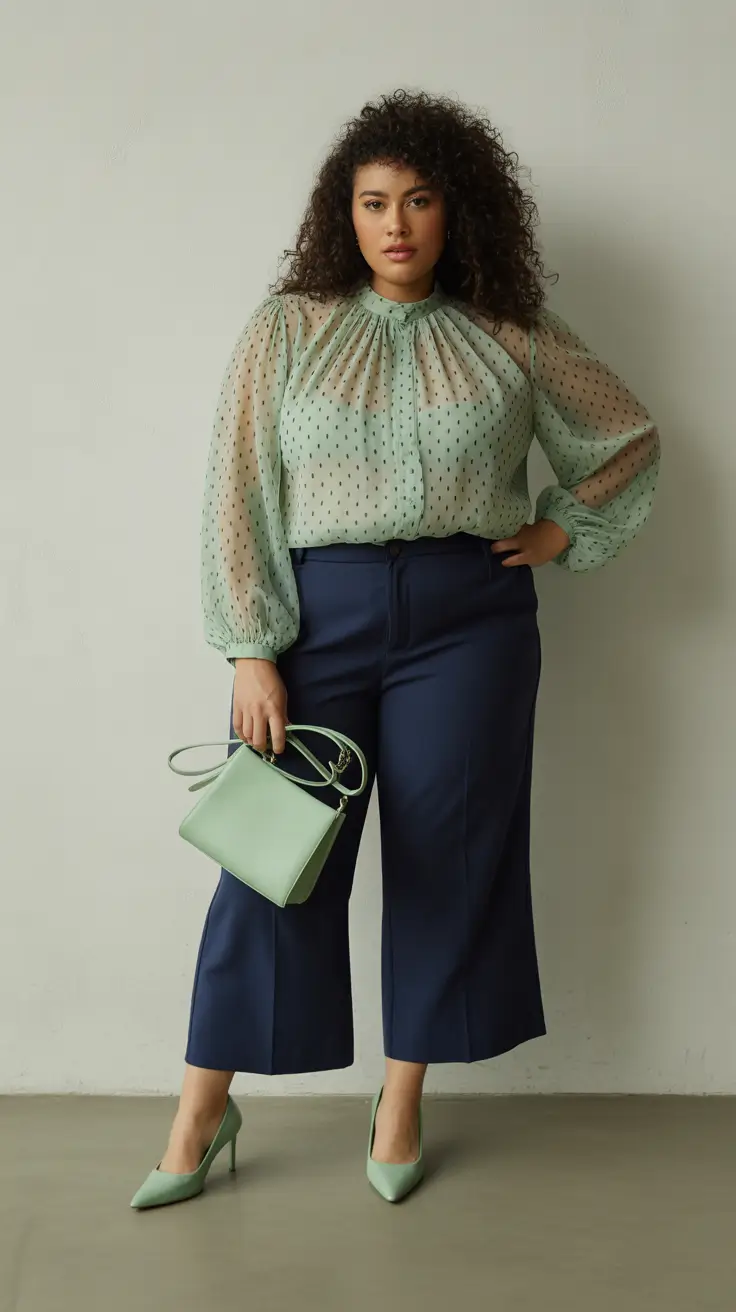 Stylish curvy outfits inspo 2026 Mint Blouse and Navy Crops for Soft Office Color