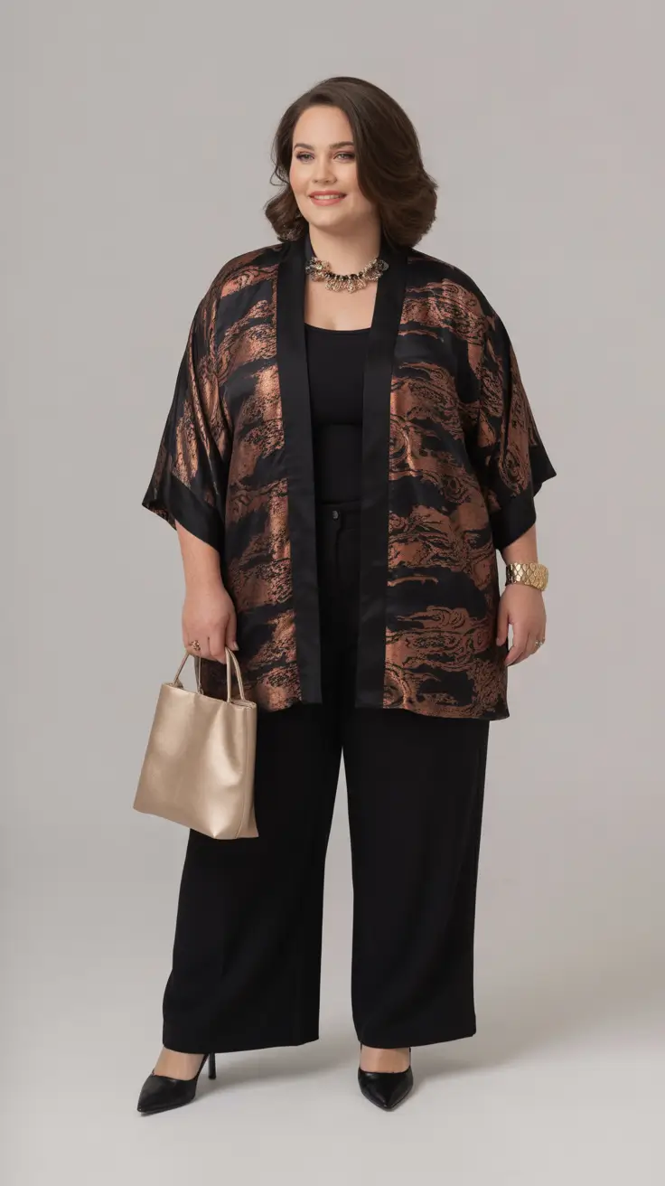 Stylish curvy outfits inspo 2026 Bronze Kimono and Black Trousers for Modern Evening Glam