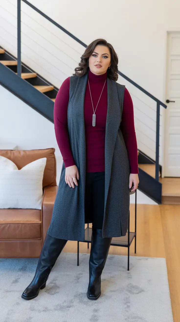 Stylish curvy outfits inspo 2026 Burgundy Rollneck and Long Vest for Sleek Home Office Layers
