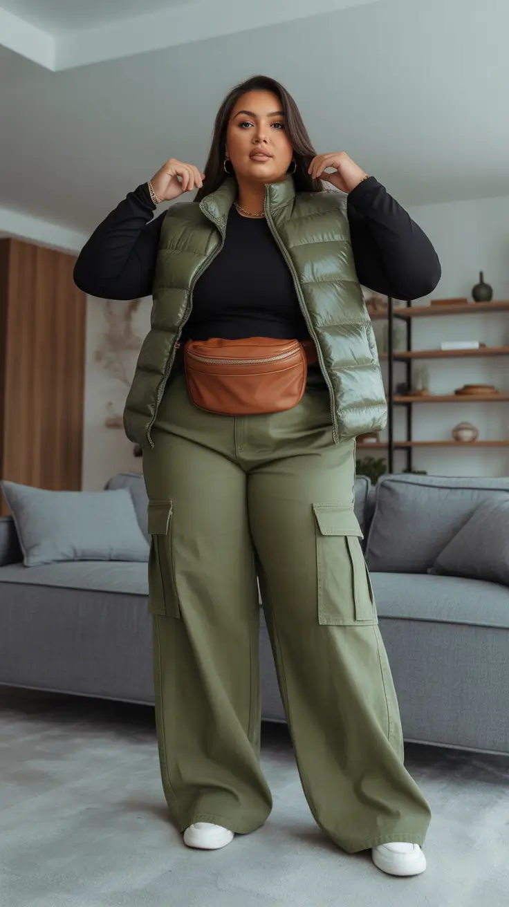 Stylish curvy outfits inspo 2026 Olive Cargo Pants and Puffer Vest for Sporty Off-Duty Energy