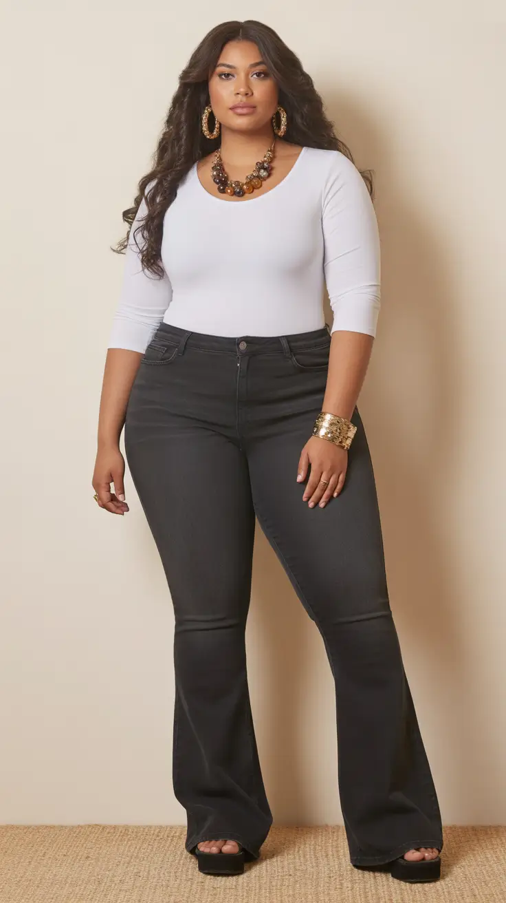Stylish curvy outfits inspo 2026 White Top and Charcoal Jeans for Everyday Curve Definition