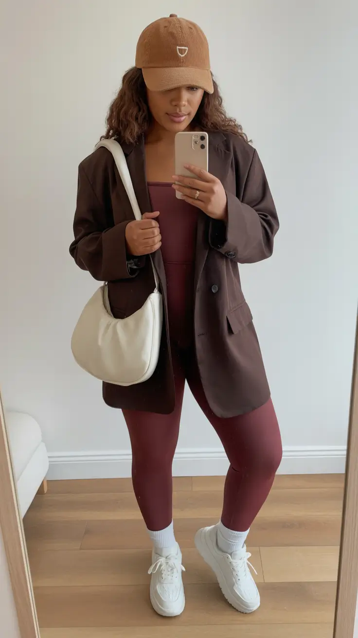 Stylish curvy outfits inspo 2026 Burgundy Athleisure and Oversized Blazer for Elevated Comfort