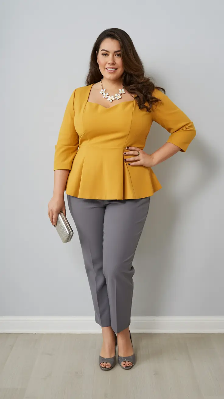 Stylish curvy outfits inspo 2026 Mustard Peplum and Slim Trousers for Bright Work Mornings