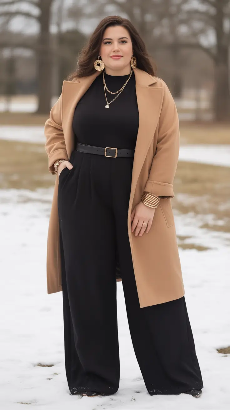 Stylish curvy outfits inspo 2026 Camel Coat and Black Jumpsuit Winter Power Look