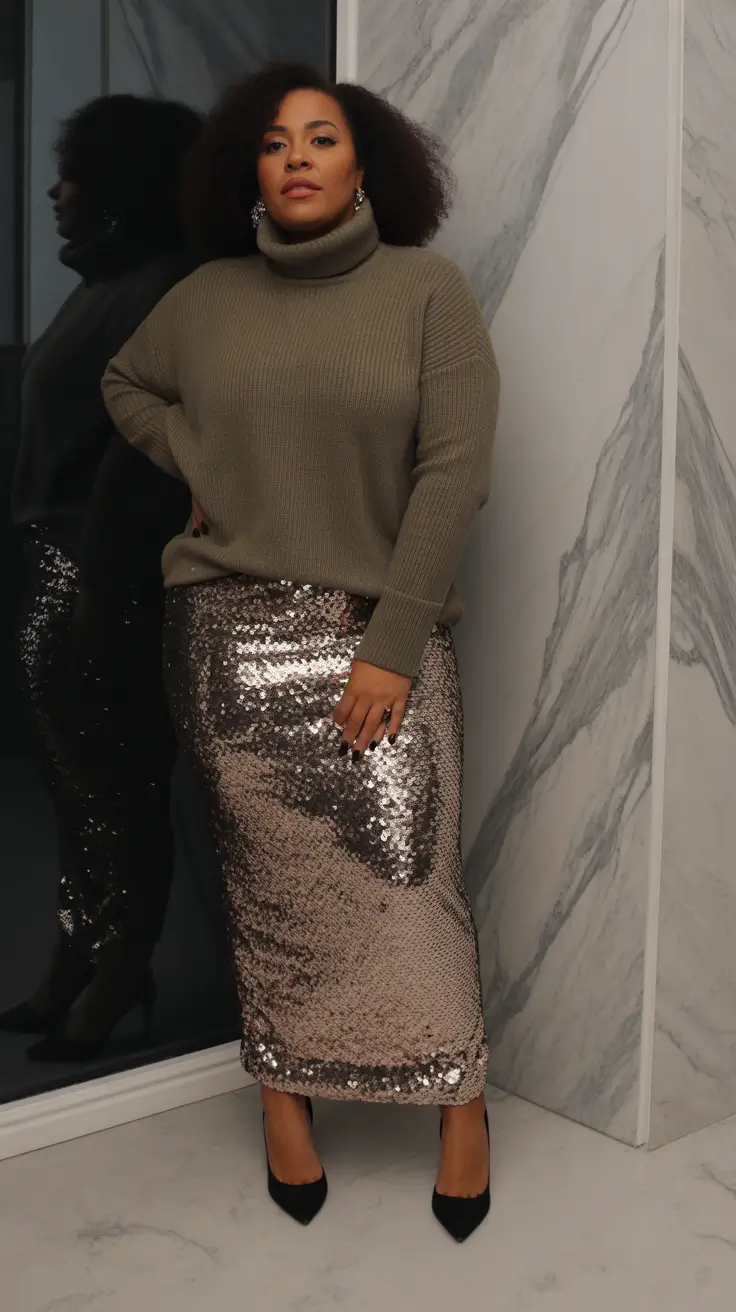 Stylish curvy outfits inspo 2026 Sequins and Knit for Curvy Holiday Nights