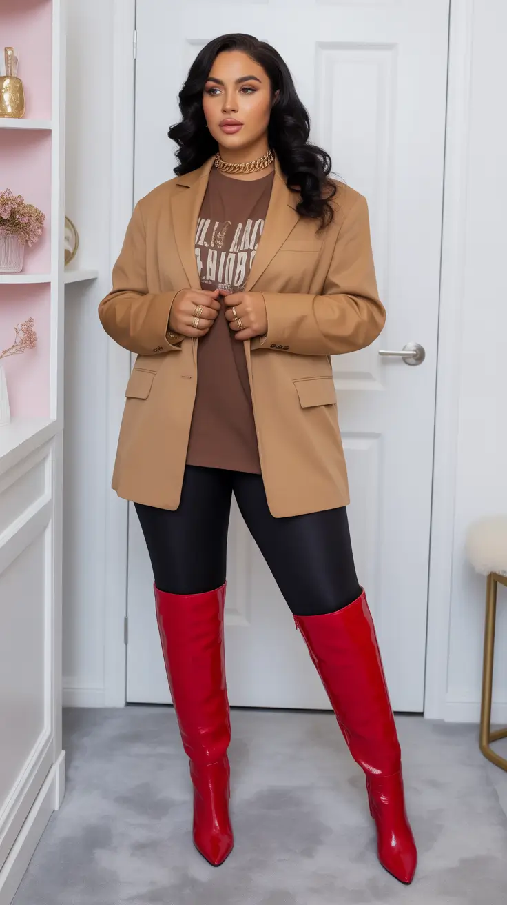 Stylish curvy outfits inspo 2026 Blazer Leggings and Red Boots Street Drama