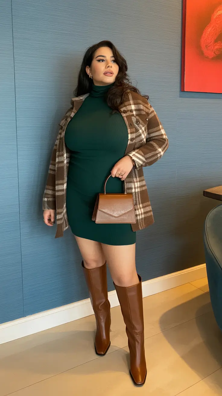 Stylish curvy outfits inspo 2026 Plaid Layers and Green Knit Dress for Cozy City Days