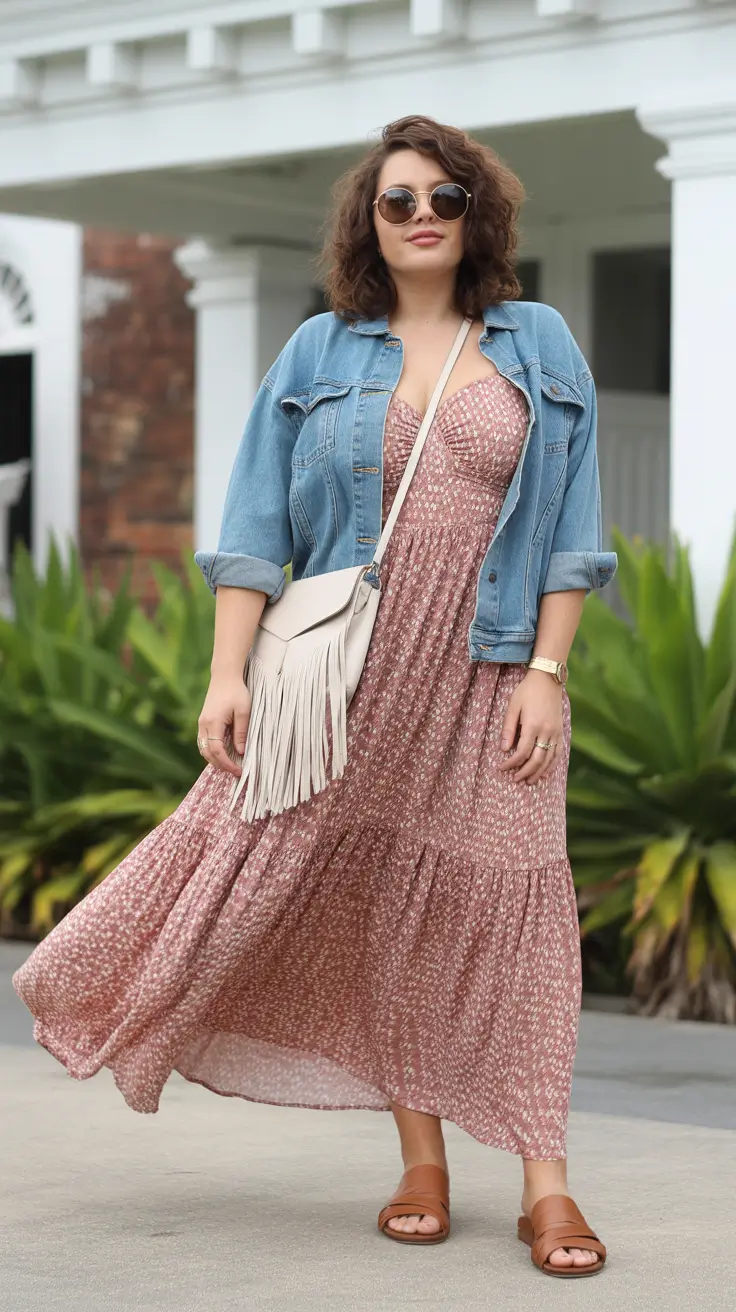 Stylish curvy outfits inspo 2026 Maxi Dress and Denim Jacket for Easy Weekend Strolls