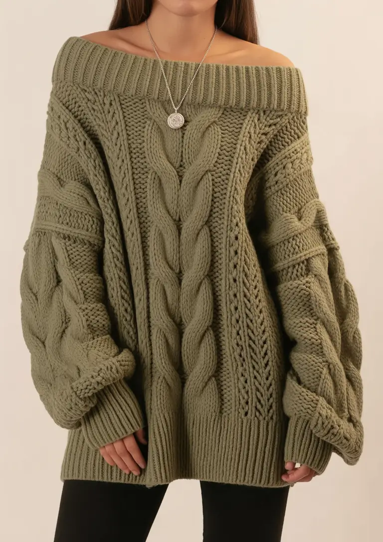 Stylish Sweater Outfits 2026 Olive Green, Off-Shoulder Allure