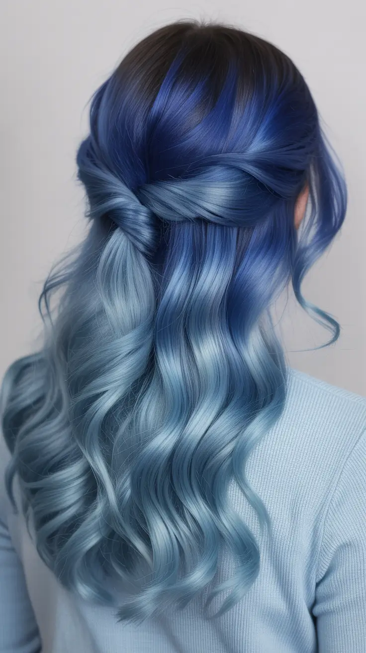 The best hair color 2026 – Ocean-Dipped Blue Gradient with Half-Up Twist H2