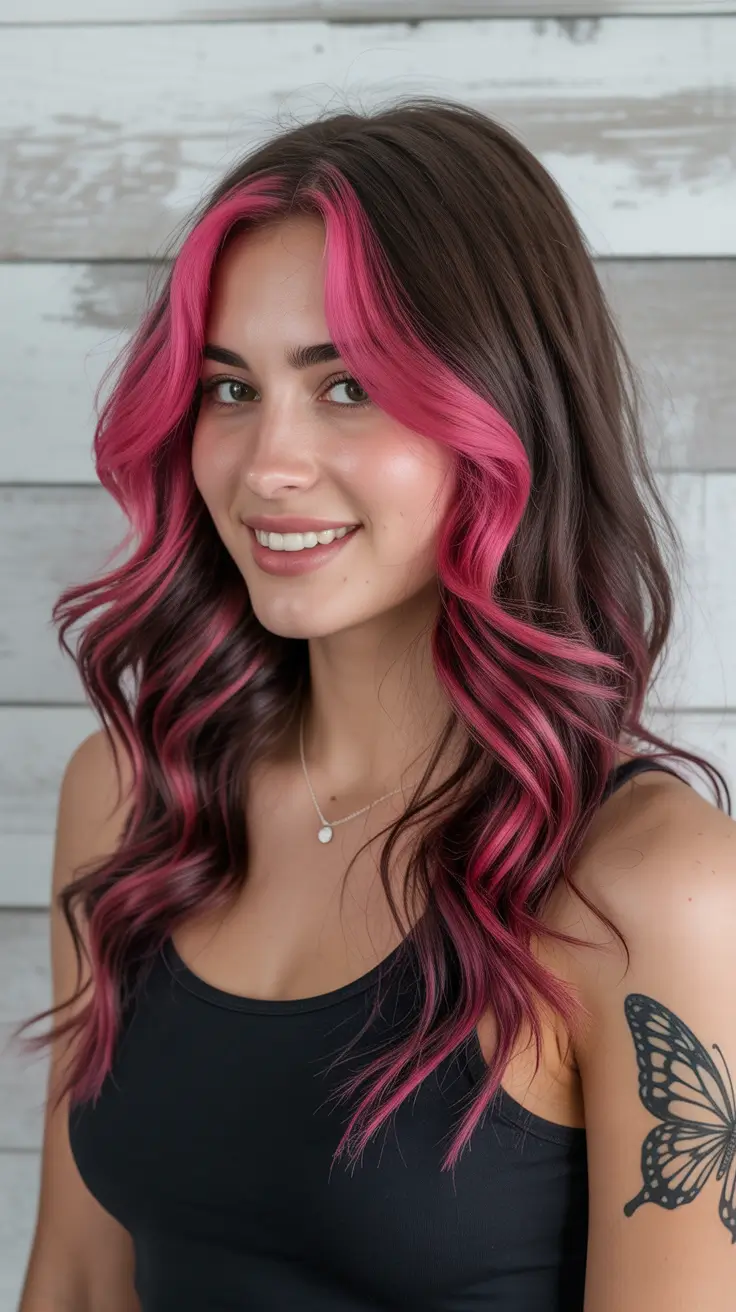 The best hair color 2026 – Chocolate Waves with Neon Pink Face-Frame H2